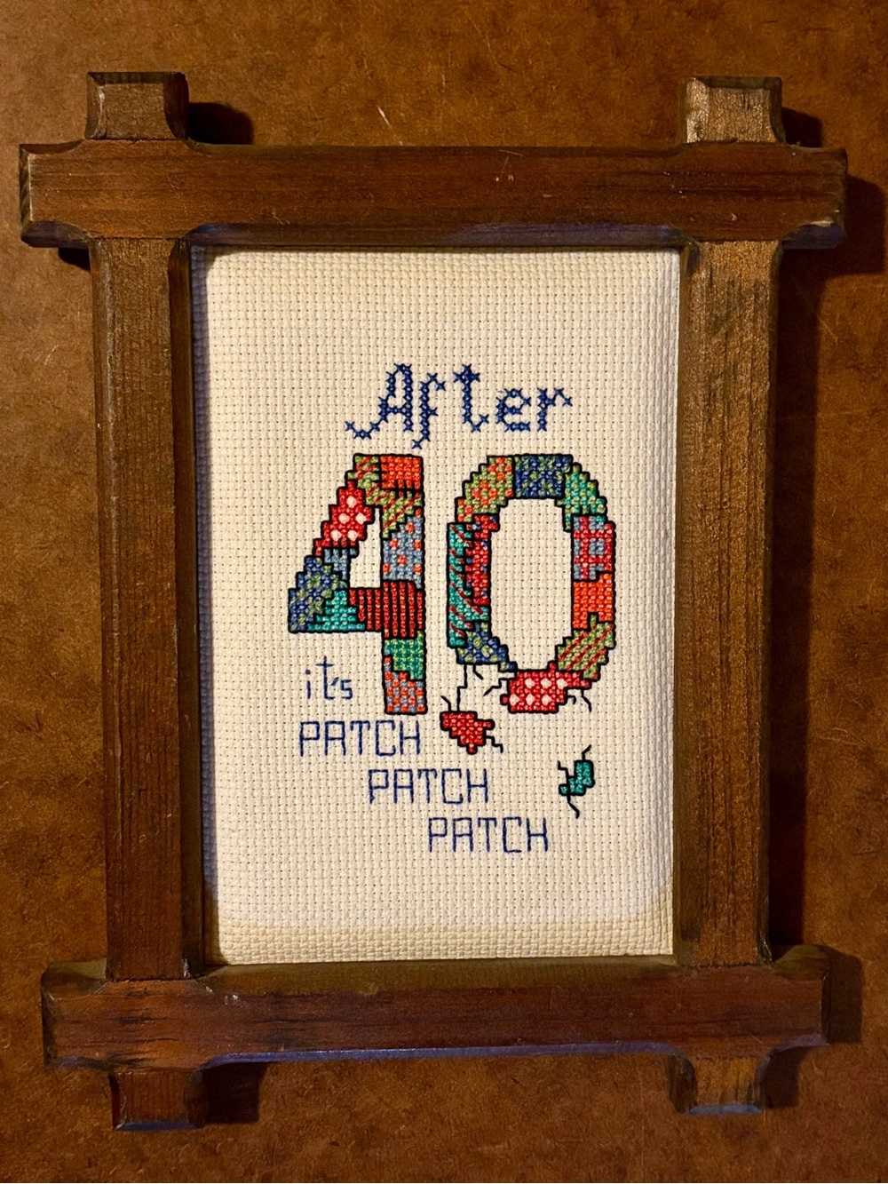 Vintage 90s Framed Cross-Stitch "After 40" Patchwork Wall Art - Multicolor